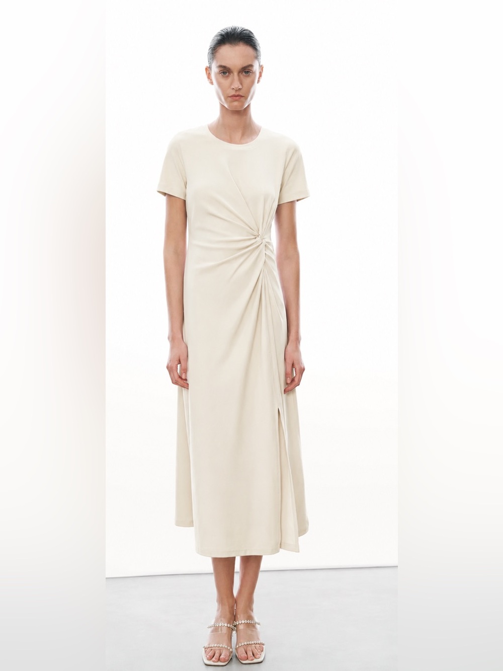 Urban Revivo Cream Midi Dress with Side Twist Detail polyester bottom cotton top